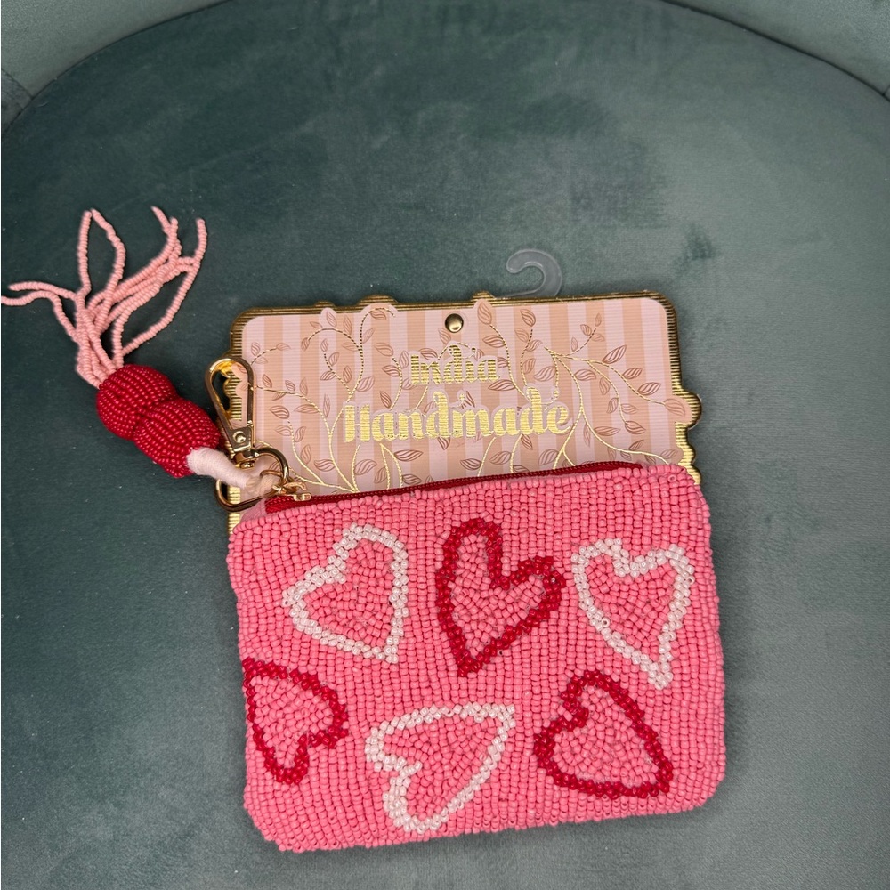Viral Beaded Pink Hearts Bag Coin Purse India Handmade NWT